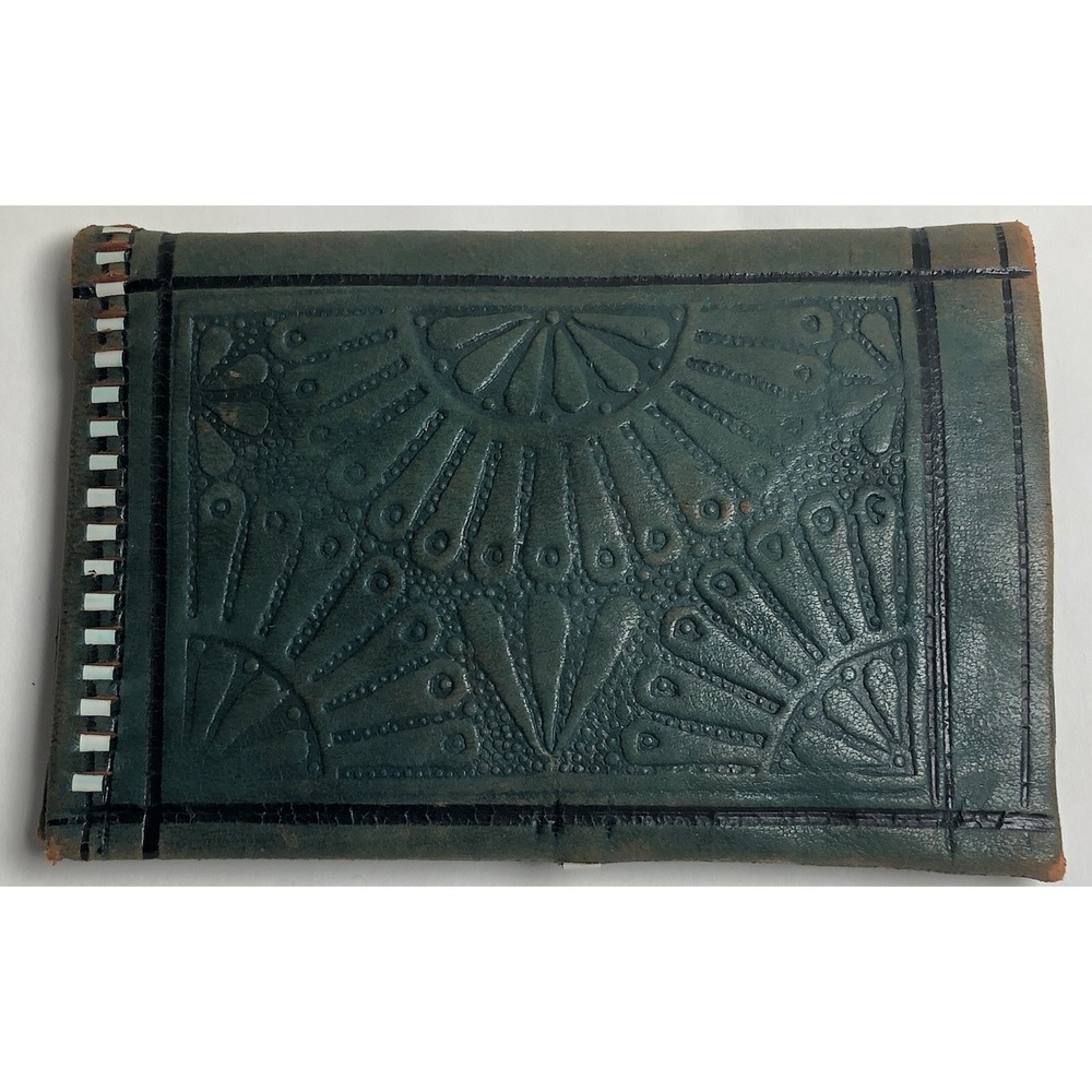 Vtg Moroccan Leather Wallet Boho Wabi Sabi Handmade Distressed Green DAMAGED‎
